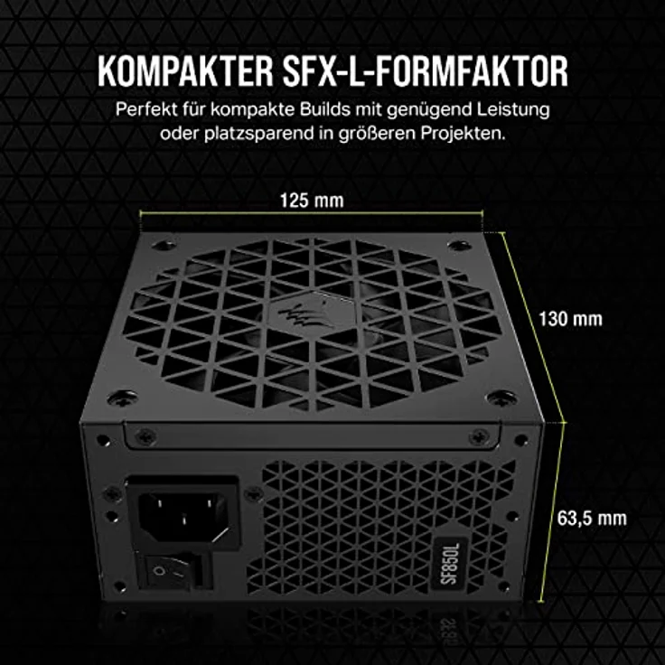 Corsair SF850L Vollmodulares, Geräuscharmes SFX-Netzteil - ATX 3.0- Und PCIe 5.0-Kompatibel - Leiser 120-mm-PWM-Lüfter - 80 Plus Gold-Effizienz - Null-Drehzahl-Modus - 105°C-Kondensatoren - Schwarz – Bild 4