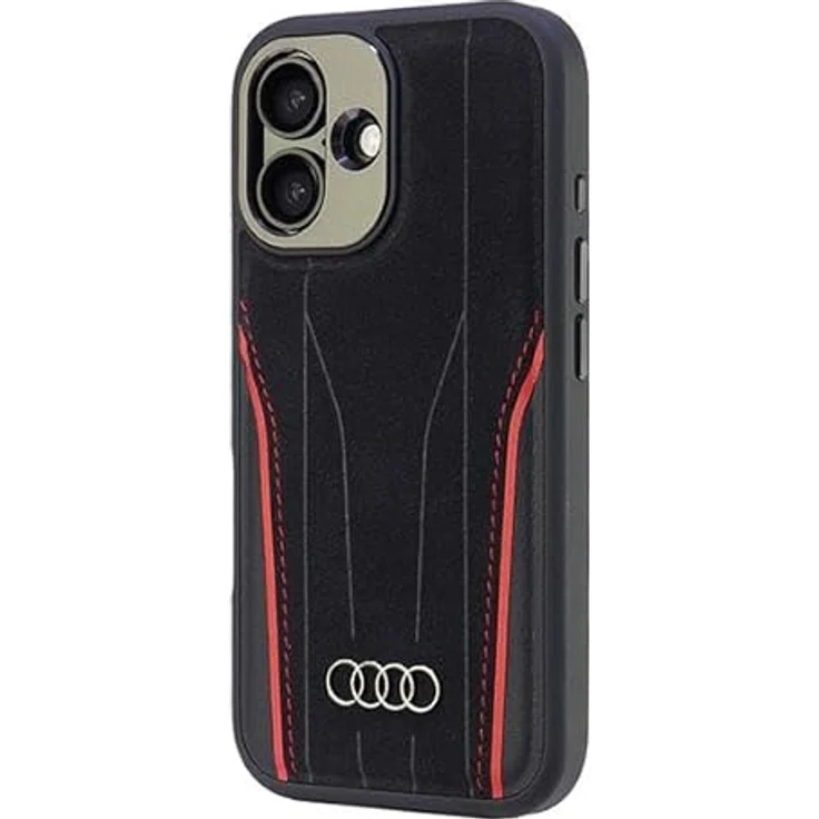 Audi Echtleder Hülle für iPhone 16 6.1", TPU/Naturleder in Schwarz-Rot, Hardcase-Typ – Bild 3