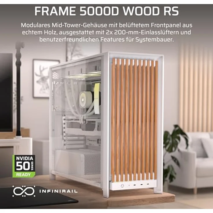 Corsair FRAME 5000D WOOD RS, Gehäuse - Miditower - Weiß, mit Holzfront, unterstützt bis zu 420mm Wasserkühlung, inkl. 2x 200mm Kühler – Bild 3