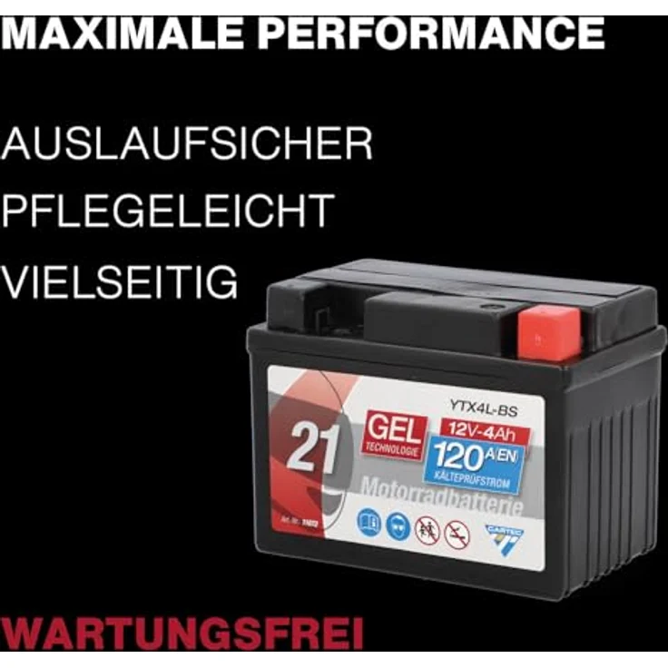 Cartec Gel Motorradbatterie YTX4L-BS 4Ah 120A, wartungsfrei, auslaufsicher, ideal für Mofas und Motorräder – Bild 6
