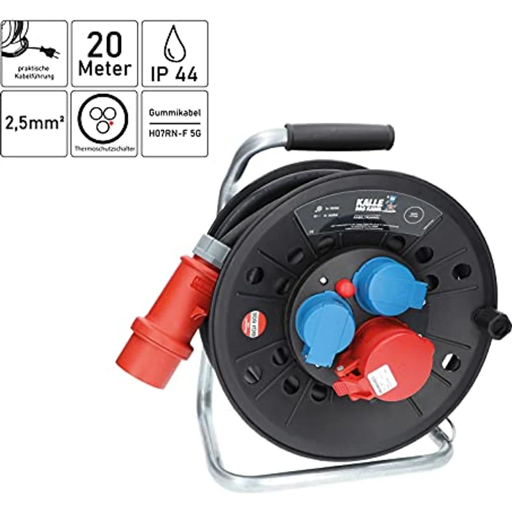 KALLE DAS KABEL Kabeltrommel RED Starkstrom mit 2 Schukosteckdosen und einer CEE 400V Steckdose H07RN-F 5G 2,5mm² 20 Meter für Handwerker Heimwerker Baustellen und dem Einsatz im Außenbereich – Bild 2