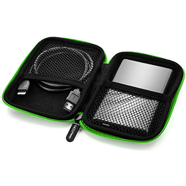 deleyCON Festplattentasche HDD Case für 2,5 Zoll Festplatten und SSD, robust & stoßsicher, 2 Innenfächer, schwarz/grün – Bild 3