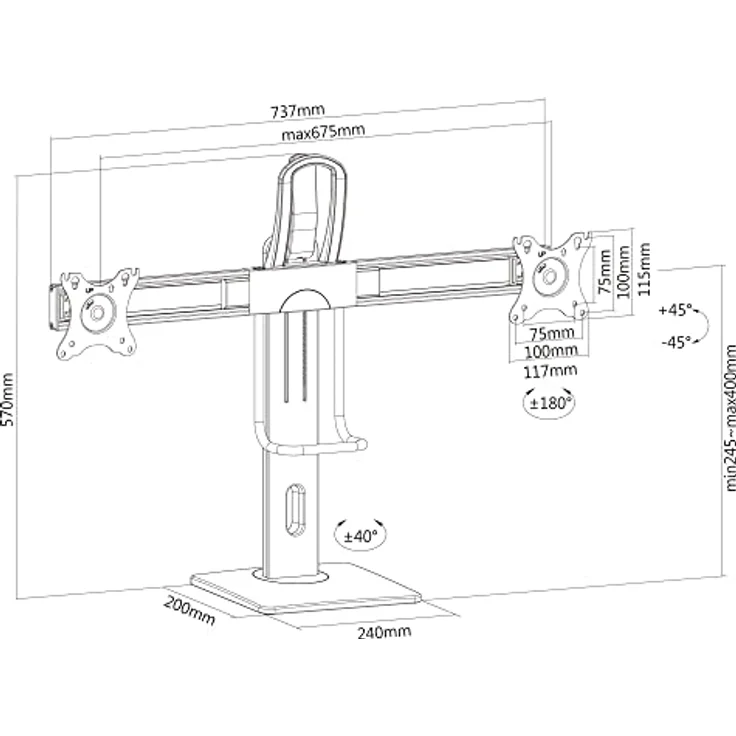 PureMounts® Monitor-Halterung für Zwei Bildschirme, 2X VESA 75x75 bis VESA 100x100 Monitor-Aufnahme, stufenlos Höhenverstellbar, neigbar, schwenkbar, drehbar, schwarz – Bild 4