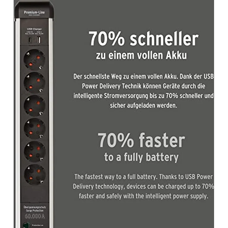 Brennenstuhl Premium-Protect-Line Steckdosenleiste 6-fach mit USB Power-Delivery Typ C und Überspannungsschutz (Mehrfachsteckdose mit Schalter, USB Power-Delivery Typ C und USB 3.0 A, Made in Germany) – Bild 4