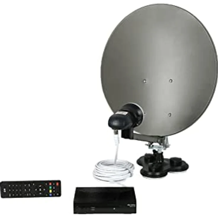 SKY VISION Camping Sat Anlage für den mobilen Gebrauch, Stahl Satellitenschüssel Komplettset mit Single Universal LNB und HDTV Satelliten Receiver, Sat Schüssel 40 cm mit 10 m Anschlusskabel – Bild 4