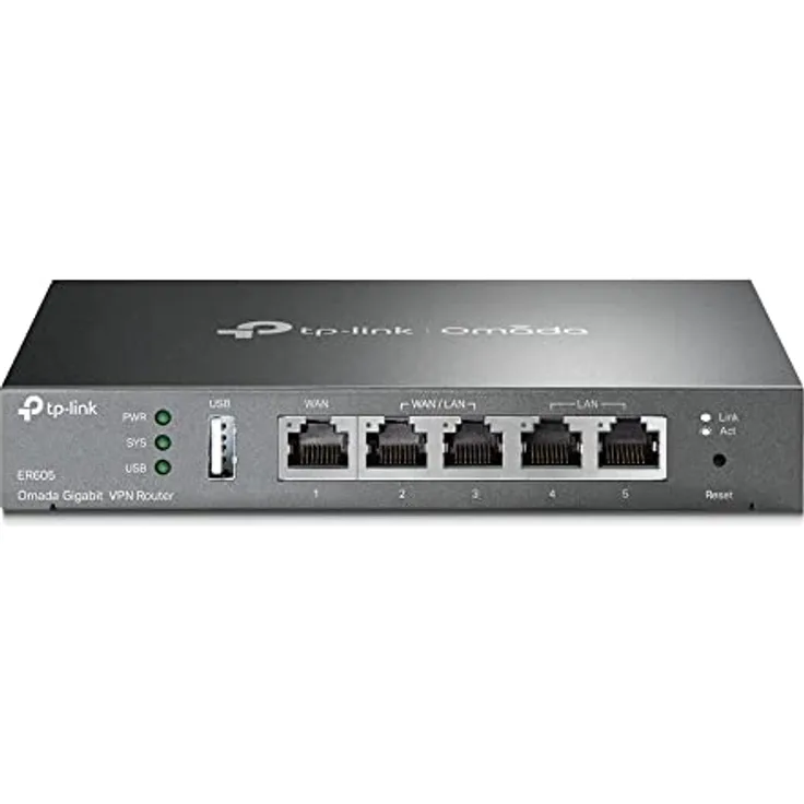 TP-LINK ER605 5 Port Dual/Multiple WAN VPN Router(bis zu 4 Gigabit WAN Ports, hochsicheres VPN, Omada SDN, zentrales Management, intelligente Überwachung, Firewall) schwarz, ideal für Büronetzwerk