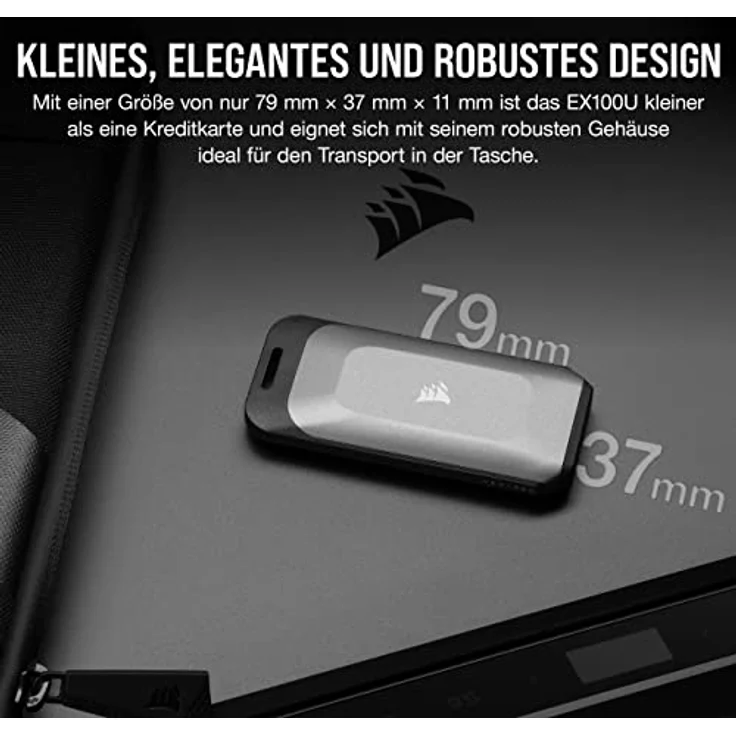 Corsair EX100U 2TB Tragbares USB Type-C-Datenspeicherlaufwerk - Ultraschnellen für jeden PC/Mac/Konsole, Gen2 x2, Plug-and-Play, Lieferumfang enthalten USB Type-C- und USB Type-A-Kabeln - Schwarz – Bild 4