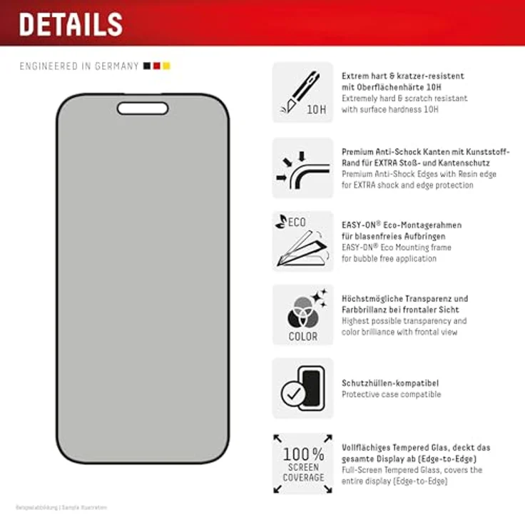 Displex Privacy Full Cover Panzerglas (10H) für Apple iPhone 16, Eco-Montagerahmen, Privacy Filter, Tempered Glas, kratzer-resistente Schutzfolie, hüllenfreundlich, in Transparent – Bild 2