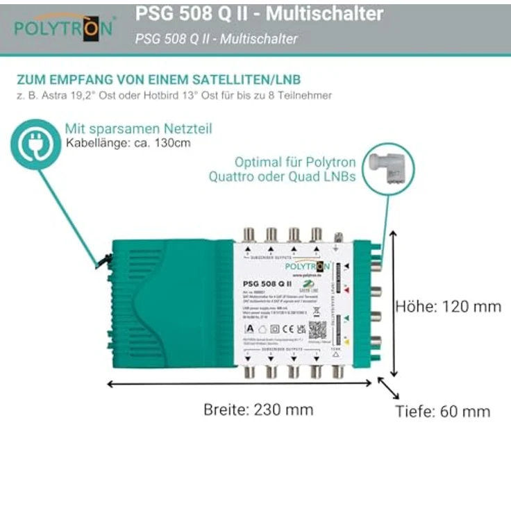 Polytron PSG 508 Q II, Multischalter für 1 Satelliten und bis zu 8 Teilnehmer, 4 SAT und 1 terrestrischer Eingang – Bild 5