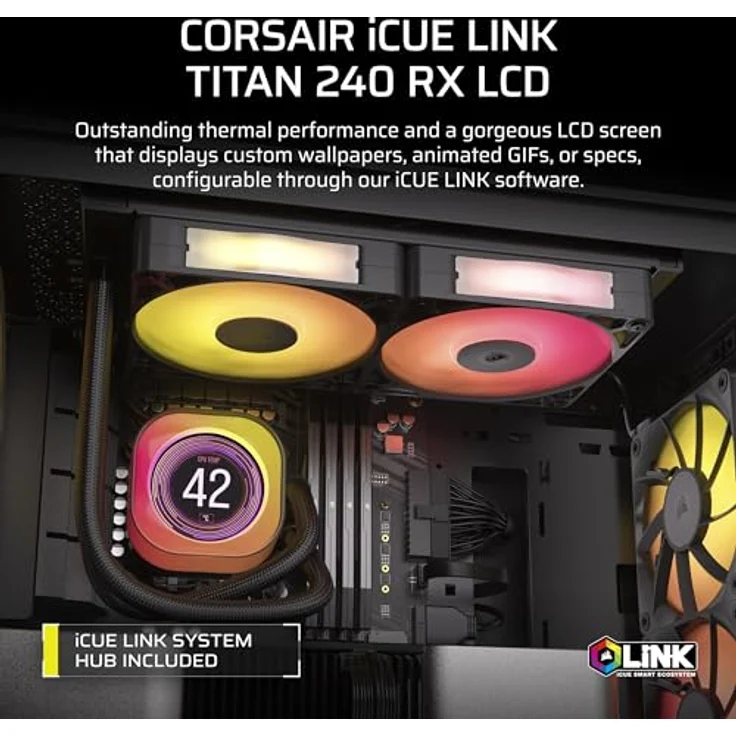 Corsair iCUE LINK Titan 240 RX LCD CPU-Flüssigkeitskühler – 240mm AIO – Intel LGA 1851/1700, AMD AM5/AM4 – RX120 RGB-Lüfter – Schwarz – Bild 2