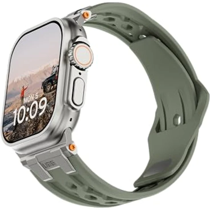 URBAN ARMOR GEAR Monarch Strap für Apple Watch (Ultra 2 / Ultra / SE / 46/45/44/42mm, FKM Silikon, Edelstahl Verschluss, olive/titan) – Bild 5