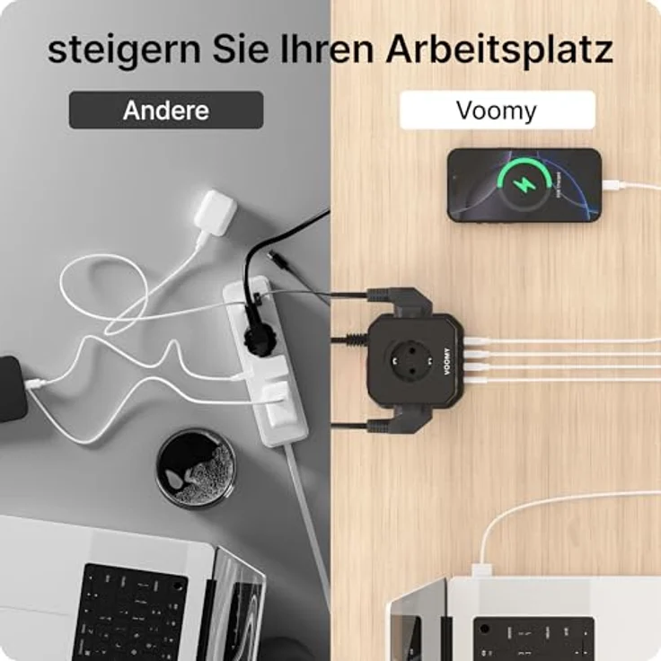 Voomy Power S5 Mehrfachsteckdose mit 4 USB, 5 Steckdosen und Schalter, Schwarz – Bild 4
