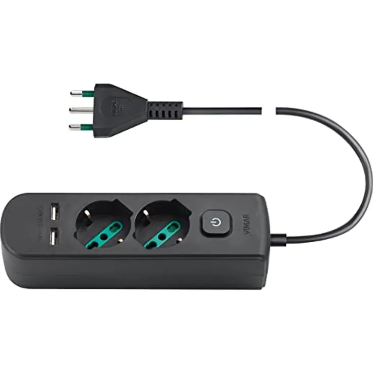 Vimar 0R00625.CC Mehrfachsteckdose mit Schalter und 1,5 m Kabel, 2 x SICURY Universalausgänge, 2 x USB A Ausgänge, Italienischer Standardstecker, Schwarz