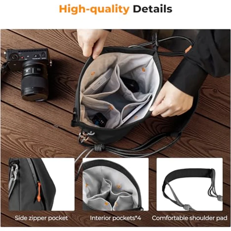 K&F CONCEPT Kameratasche, Modische Umhängetasche für spiegellose Kameras, Leichte Tragetasche mit Organizer-Taschen, Schwarz – Bild 4