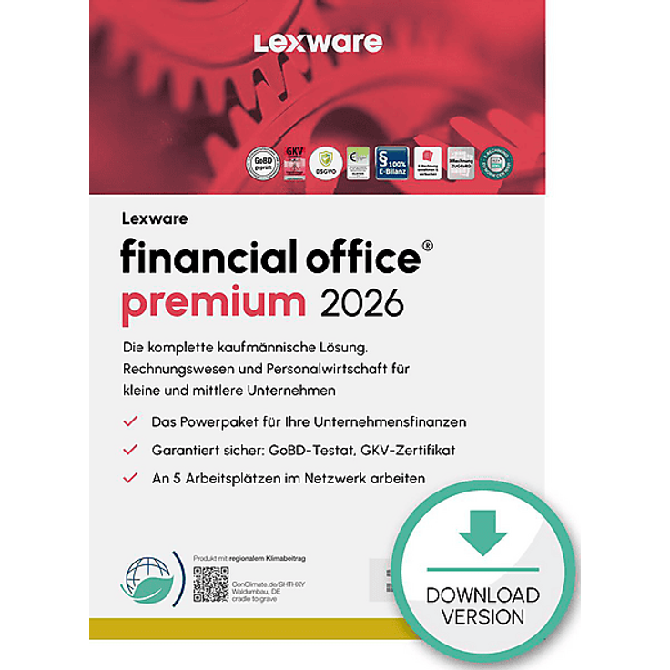 LEXWARE FINANCIAL OFFICE PREMIUM 2026, Steuersoftware für PC mit Warenwirtschaft, Buchhaltung, Lohnabrechnung und Reisekostenabrechnung (365-TAGE)