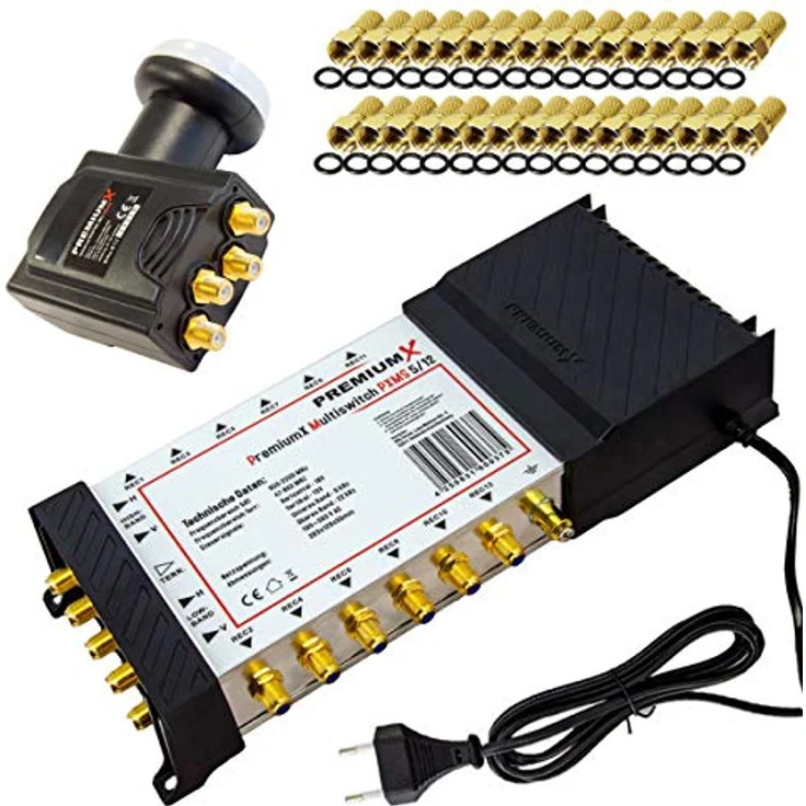 Premium X Multischalter Set 5/12, Deluxe Quattro LNB mit 32x F-Steckern, Signalverteiler für 12 Teilnehmer, 1 SAT, hohe Frequenzstabilität – Bild 1