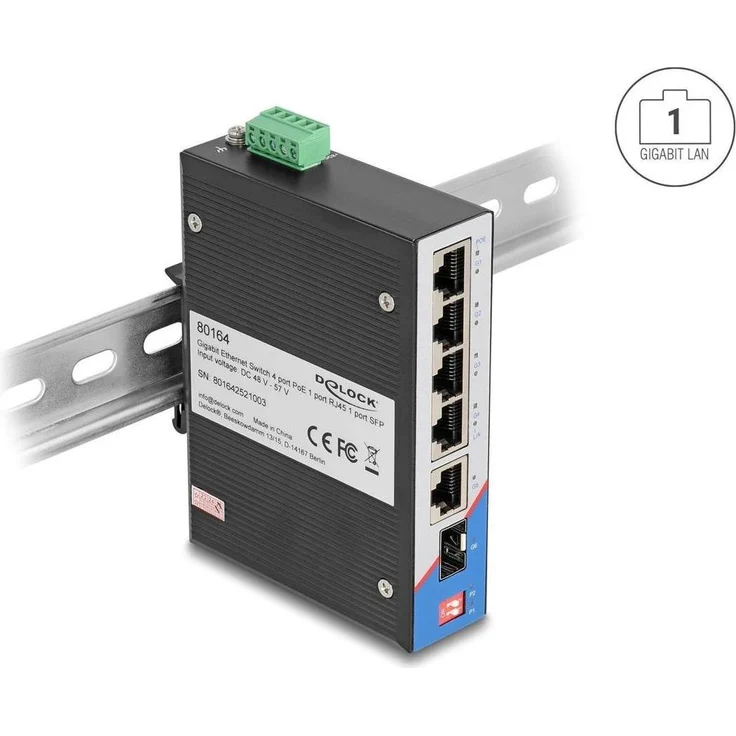 Delock Industrie Gigabit Ethernet Switch 4 Port PoE mit 1 Port R, robuster Netzwerk Switch, Schwarz, mit SFP Steckplatz und IP40 Schutzart