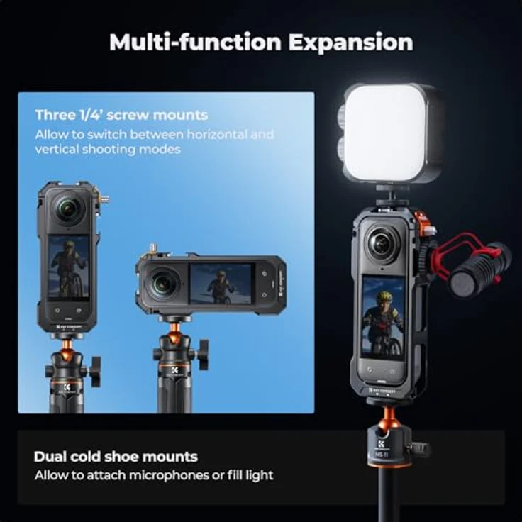 K&F CONCEPT Käfig Kamerakäfig für Insta360 X5, Aluminiumlegierung mit 1/4" Schraubenlöchern und Zubehörbefestigung – Bild 3