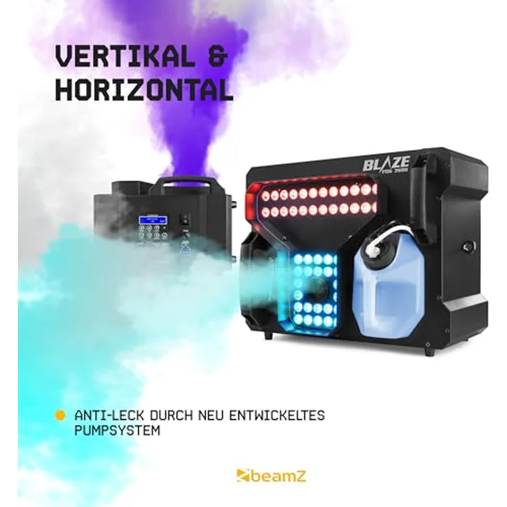 BeamZ Nebelmaschine BLAZE3500, professionelle Nebelmaschine mit RGBA-LEDs, vertical und horizontal einsetzbar, integriertes LCD-Display, hochwertige Heizelemente, reduzierte Nebelausgabe und Spritzschutz – Bild 2