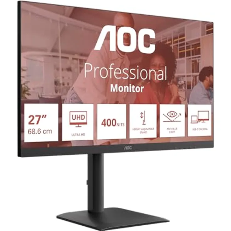AOC U27E4CV, 27 Zoll UHD-Monitor mit IPS-Panel, 60 Hz, 4 ms GtG, Adaptive Sync, HDR Ready, Höhenverstellung, Lautsprecher, Schwarz