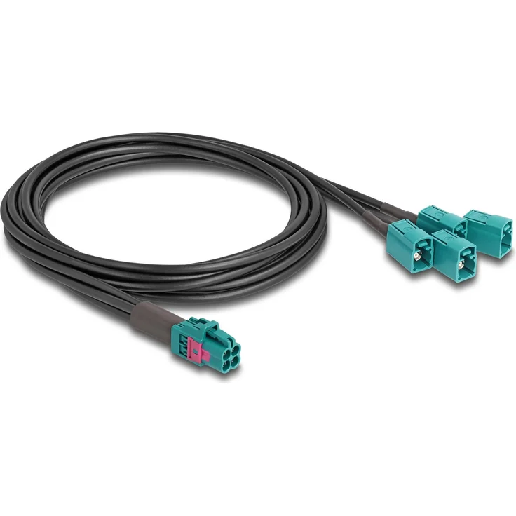 Delock Mini FAKRA Z Buchse quad zu 4 x FAKRA Z Buchse A-Typ, Antennenkabel, Wasserblau, 1 m, 28 Gbps, 50 Ohm
