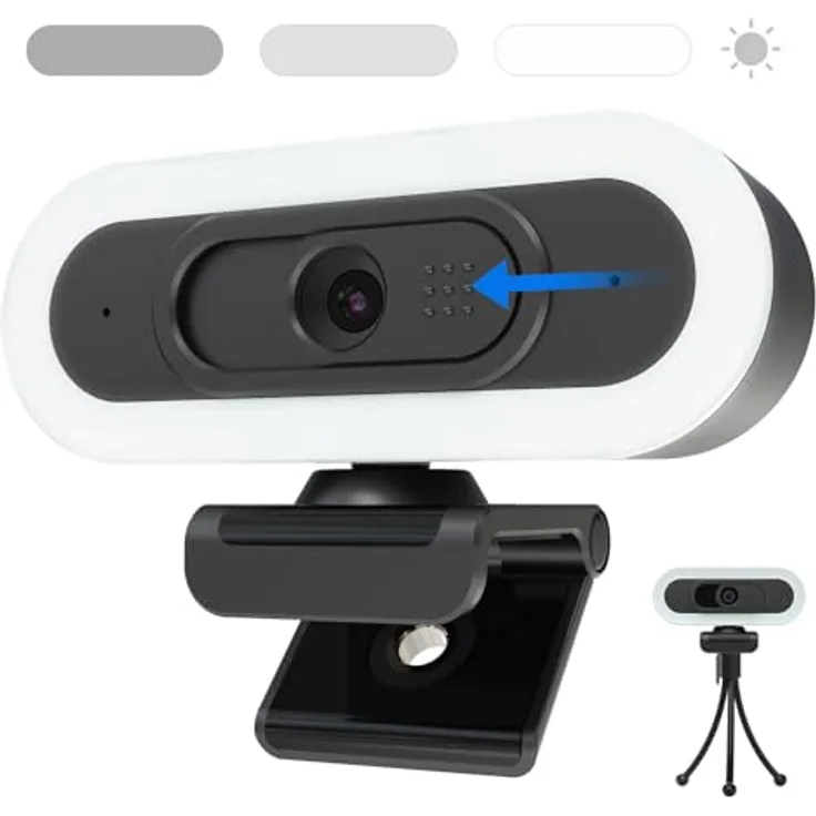 VIZOLINK W4LS HD Webcam 2K/1080P mit Ring-Beleuchtung, Autofokus, Stereo-Mikrofon, Lichtkorrektur, Plug&Play, 65° Ansicht für Streaming und Videokonferenzen