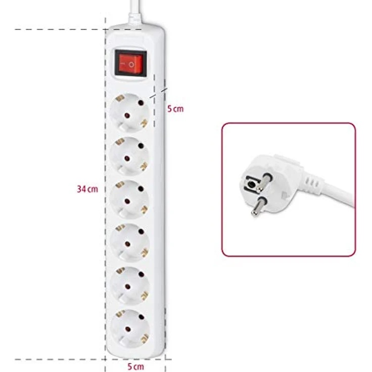 Hama Steckdosenleiste 6-fach (Mehrfachsteckdose mit Save Energy-Schalter zum Stromsparen, Steckplätze 45 Grad gedreht, inkl. Kindersicherung, Kabel 5m, GS geprüft) weiß – Bild 2