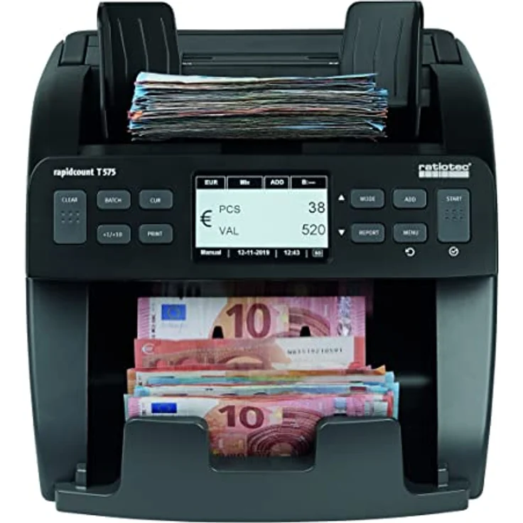 ratiotec rapidcount T 575, Banknotenzählmaschine mit Echtheitsprüfung, Stück- und Wertzähler für mittlere Zählvolumen, ideal für EUR, GBP, CHF, USD, Druckfunktion, hochwertiges Display – Bild 2