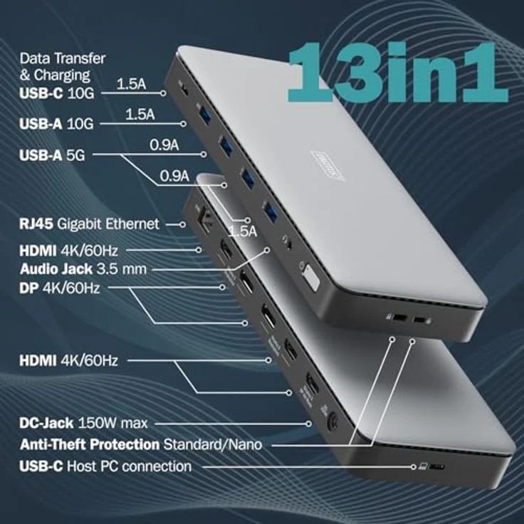 DIGITUS USB-C Docking Station - 13-Ports - 3X HDMI, 2X Displayport UltraHD 4k/60Hz - 1x USB-A 3.2 Gen2, 1x USB-C 3.2 Gen2, 3X USB-A 3.2 Gen1-1x 2,5G RJ45-1x 3,5mm Audio - Grau – Bild 2