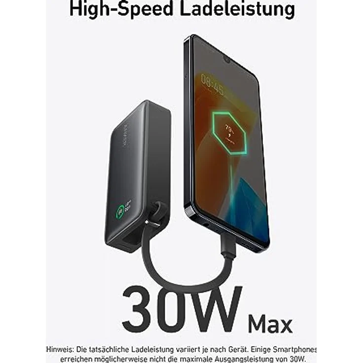 Anker Nano Powerbank,10.000mAh Powerbank mit eingebautem USB-C Kabel, PD 30W Höchstleistung mit 1x USB-C, 1x USB-A, kompatibel mit iPhone 15/14 Serie, MacBook, Galaxy, iPad, AirPods und mehr(Schwarz) – Bild 2