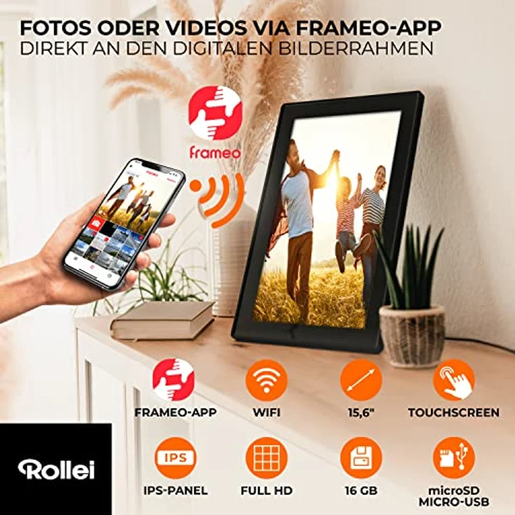Rollei Smart Frame WiFi 150 in schwarz. 15.6 Zoll digitaler Bilderrahmen mit WiFi-Funktion zur Wiedergabe Ihrer Fotos und Videos mit Ton. – Bild 3
