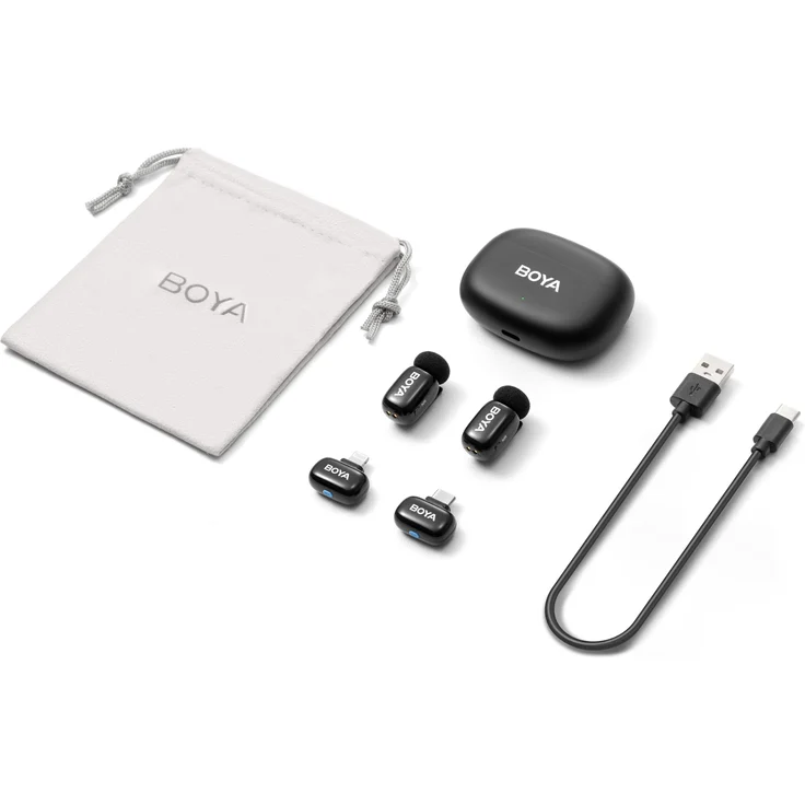 Boya Mini 2-01 (Black), Drahtloses Mikrofon-System mit 1x USB-C und 1x Lightning Empfänger, 2x Sender, omnidirektionale Kondensatormikrofone, 50m Reichweite, 6h Akkulaufzeit