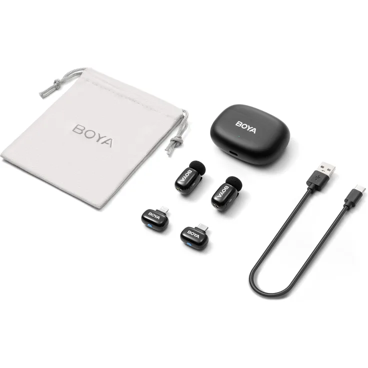 Boya Mini 2-01 (Black), Drahtloses Mikrofon-System mit 1x USB-C und 1x Lightning Empfänger, 2x Sender, omnidirektionale Kondensatormikrofone, 50m Reichweite, 6h Akkulaufzeit