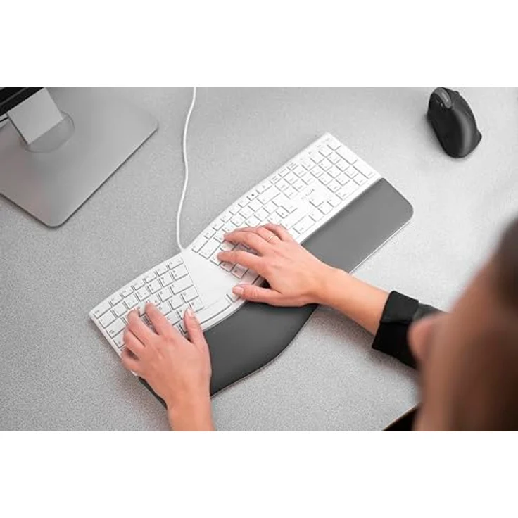CHERRY KC 4500 Ergo, ergonomische Tastatur, Deutsches Layout (QWERTZ), kabelgebunden, gepolsterte Handballenauflage mit Memory-Schaum, geschwungenes Tastenfeld, weiß-grau – Bild 3