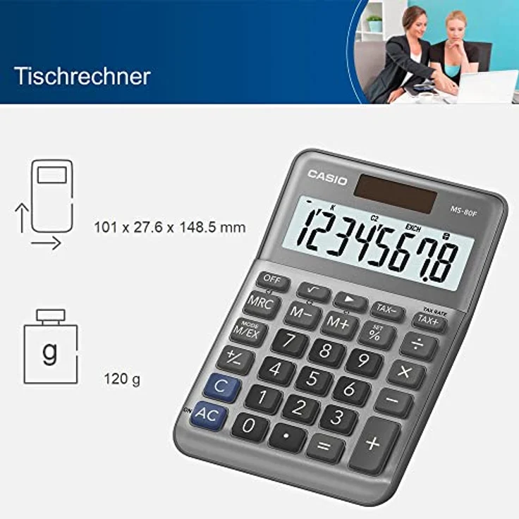 Casio Tischrechner MS-80F, 8-stellig, Steuerberechnung, Quadratwurzel, Aluminiumfront, Vorzeichenwechsel, Solar/Batteriebetrieb – Bild 3