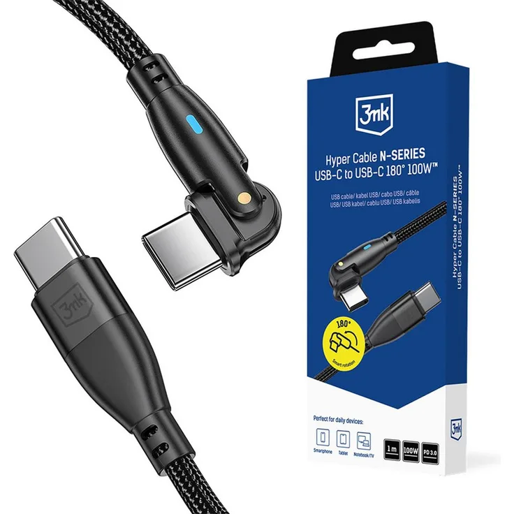 3MK Hyper Cable N-SERIES USB-C, 3 m Schnellladekabel mit 60 W Power Delivery, schwarz, Nylongeflecht