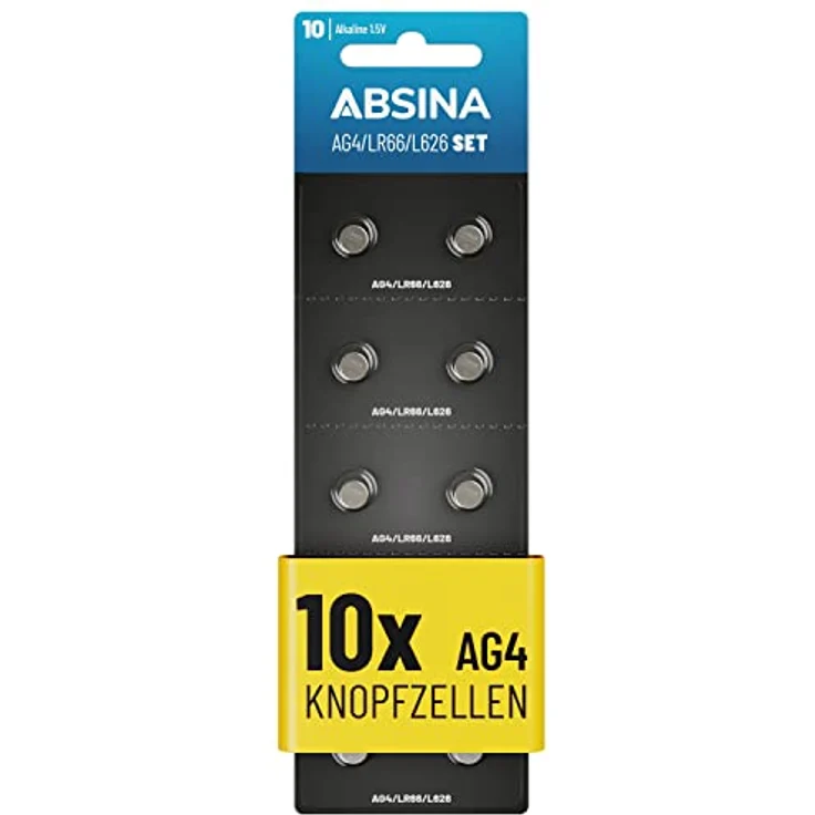 ABSINA AG4 LR66 Knopfzelle 10er Pack - 1,5V Alkaline Knopfzellen auslaufsicher & langlebig - SG4 / V4GA / G4A / 4GA / L626 / 177 / LR626 - Batterien für Uhren und mehr – Bild 1