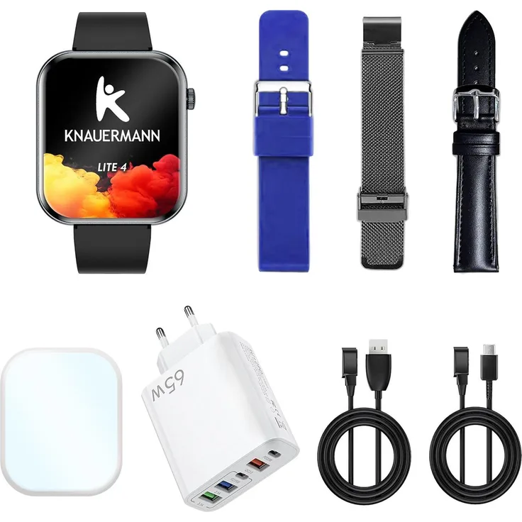 Knauermann Lite 4 (2026) Smartwatch mit GPS, Telefonfunktion, 1,85 Zoll AMOLED Display, IP67, Schwarz, Silber, Gold, inkl. 3 Armbänder