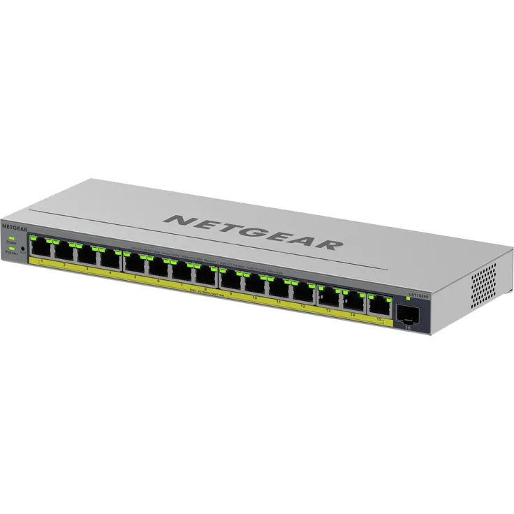 Netgear GS116EPP, 16-Port Gigabit Switch mit PoE+ (231 Watt), unmanaged, schwarz