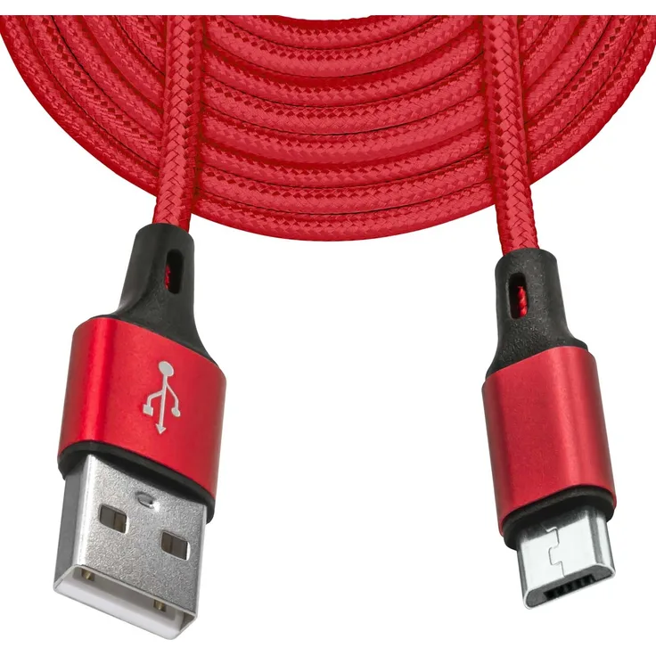 Mobilefox 3m Micro USB Schnell Lade Daten Kabel, Nylon Stecker in Rot, kompatibel mit Micro-USB, Typ C und Apple Geräten