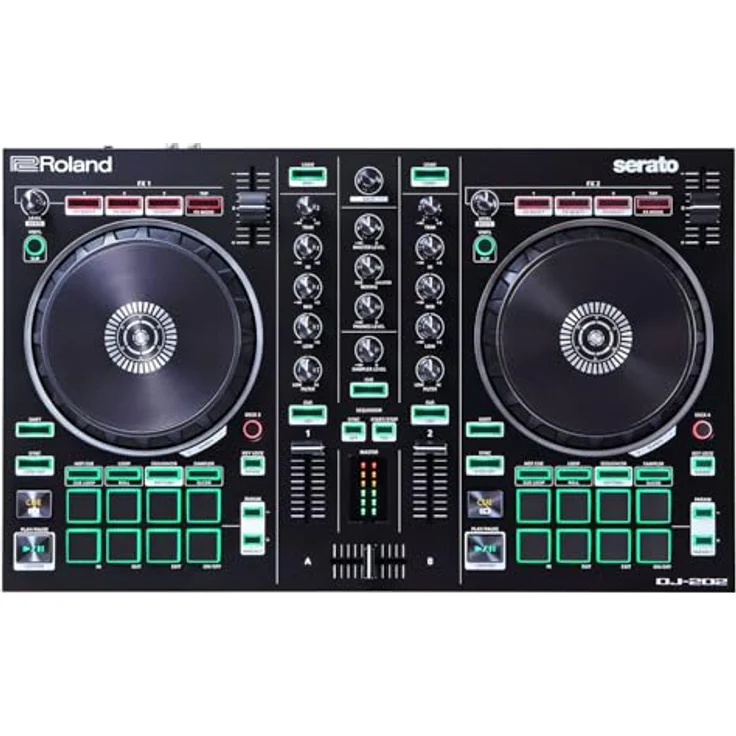 Roland DJ-202 2-Kanal 4-Deck USB-DJ-Controller mit Serato DJ Intro und keepdrum Laptopständer, schwarz – Bild 2
