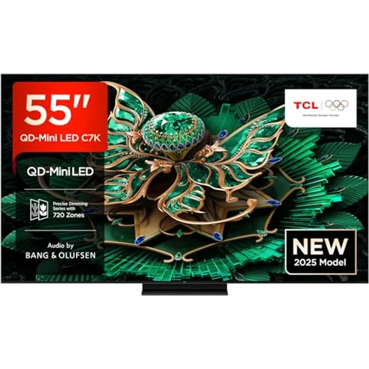 TCL 55C7K, 55 Zoll QD-Mini LED-Fernseher mit 4K HDR Premium 2600, Smart Google TV, 144Hz Motion Clarity Pro, Dolby Vision IQ & Atmos, CrystGlow HVA-Panel, Bang & Olufsen Audio, Game Master – Bild 1