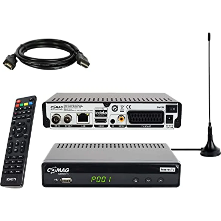 COMAG SL65T2 DVB-T2 Receiver, Freenet TV (Private Sender in HD), PVR Ready, Full-HD 1080p, HDMI, SCART, Mediaplayer, USB 2.0, 12V tauglich, 2m HDMI Kabel und DVB-T2 Antenne – Bild 1