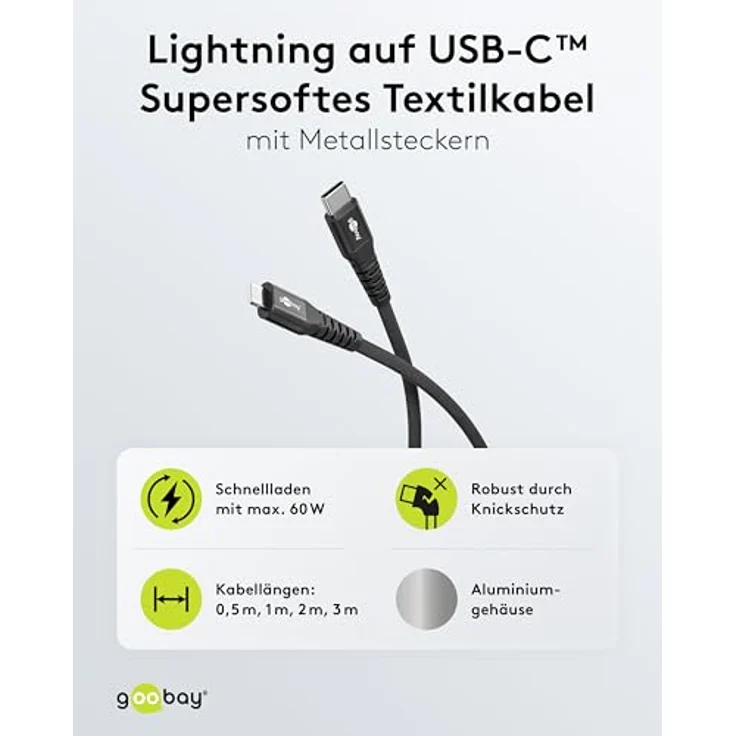 Goobay Lightning auf USB-C Textilkabel, 0,5 m, supersoft mit Metallsteckern – Bild 2