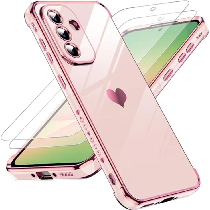 LeYi Handyhülle für Samsung Galaxy A56 5G, TPU Silikon Galvanik mit Herz Muster, Stoßfest, Kratzfest, inkl. 2 Schutzfolien, Rosa – Bild 1