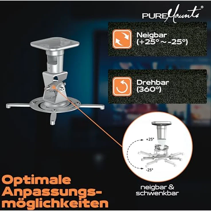 PureMounts PM-SPIDER-PLUS-S Beamer Deckenhalterung, neigbar 25°, drehbar, Deckenabstand: 225mm, Traglast max. 15kg, Lochabstand 180-310mm, silber – Bild 3
