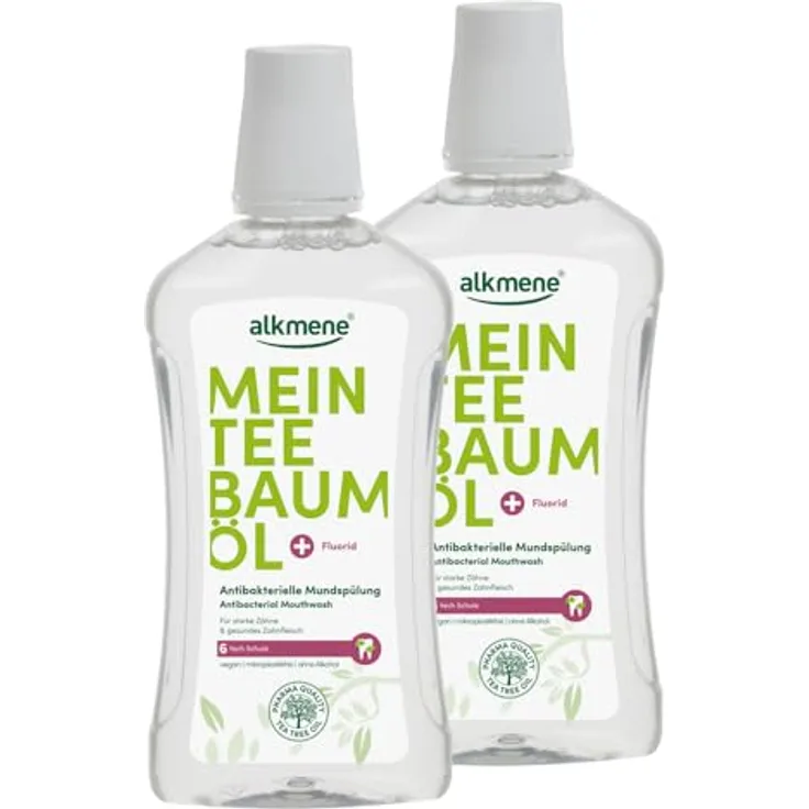 Alkmene Mein Teebaumöl antibakterielle Mundspülung 2x 500 ml mit 6fach Schutz - naturreines Teebaumöl, vegan & klimaneutral - Mundwasser für starke Zähne & gesundes Zahnfleisch - Zahnspülung