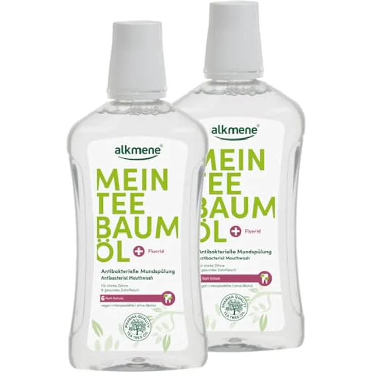 Alkmene Mein Teebaumöl antibakterielle Mundspülung 2x 500 ml mit 6fach Schutz - naturreines Teebaumöl, vegan & klimaneutral - Mundwasser für starke Zähne & gesundes Zahnfleisch - Zahnspülung – Bild 1