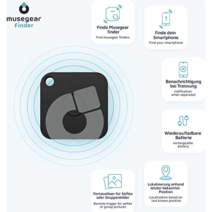 musegear Schlüsselfinder Recharge - schwarz, aufladbar mit Bluetooth App aus Deutschland, maximaler Datenschutz, für iOS & Android, Schlüssel finden – Bild 4