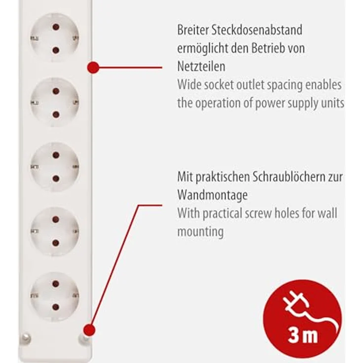 Brennenstuhl Bremounta Steckdosenleiste 6-fach (Mehrfachsteckdose mit 90 Grad Steckdosen, Steckerleiste mit Befestigungsmöglichkeit und 3m Kabel) weiß – Bild 3